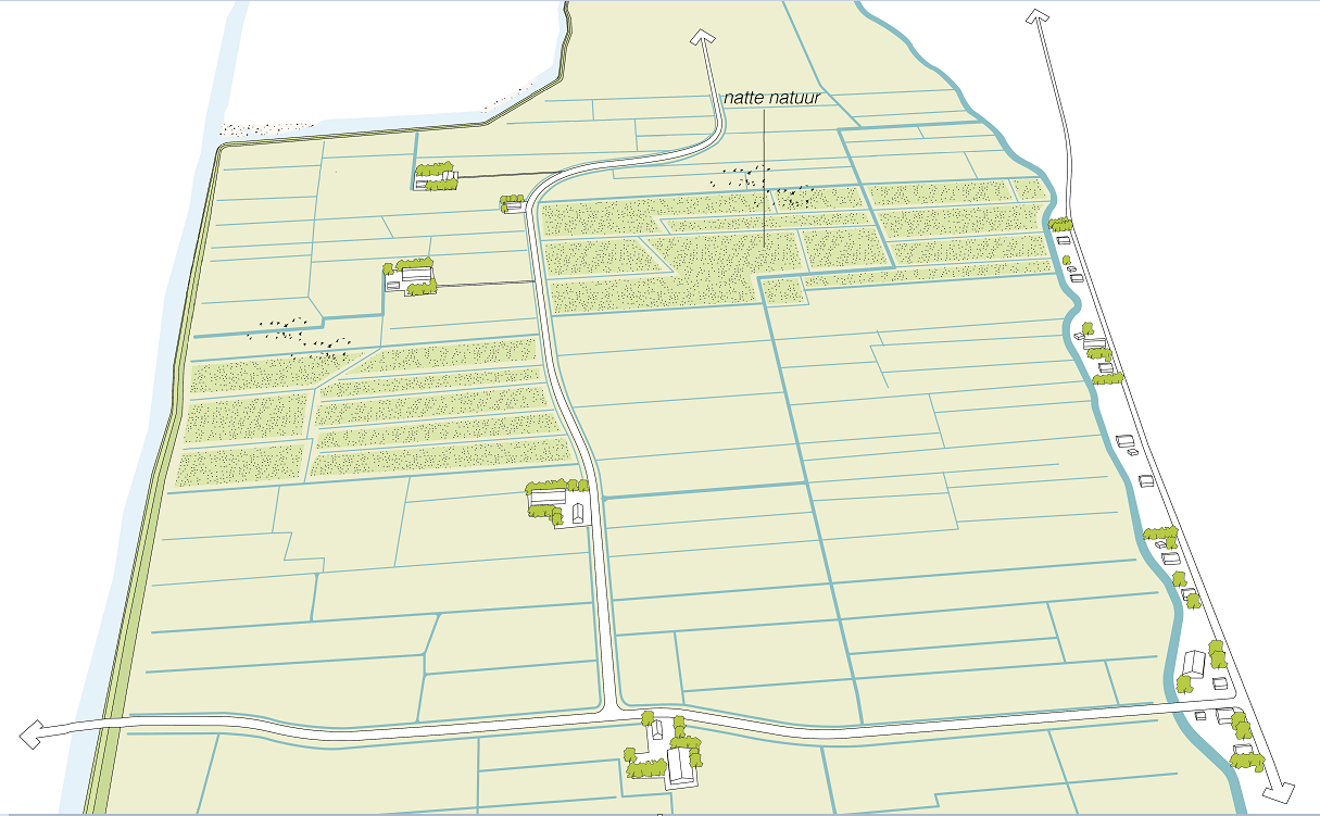 Illustratie van landschap met natte zones die naast kavels grasland in dezelfde richting lopen